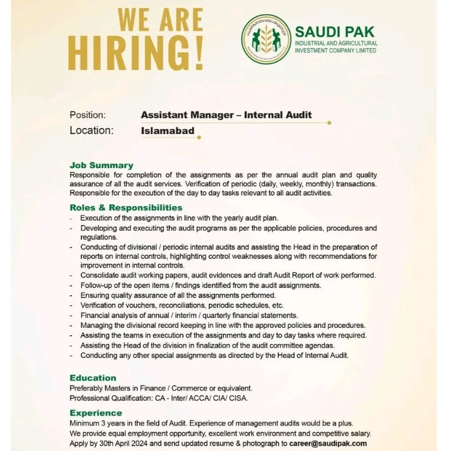 AM Internal Audit Job in Saudi Pak April 2024