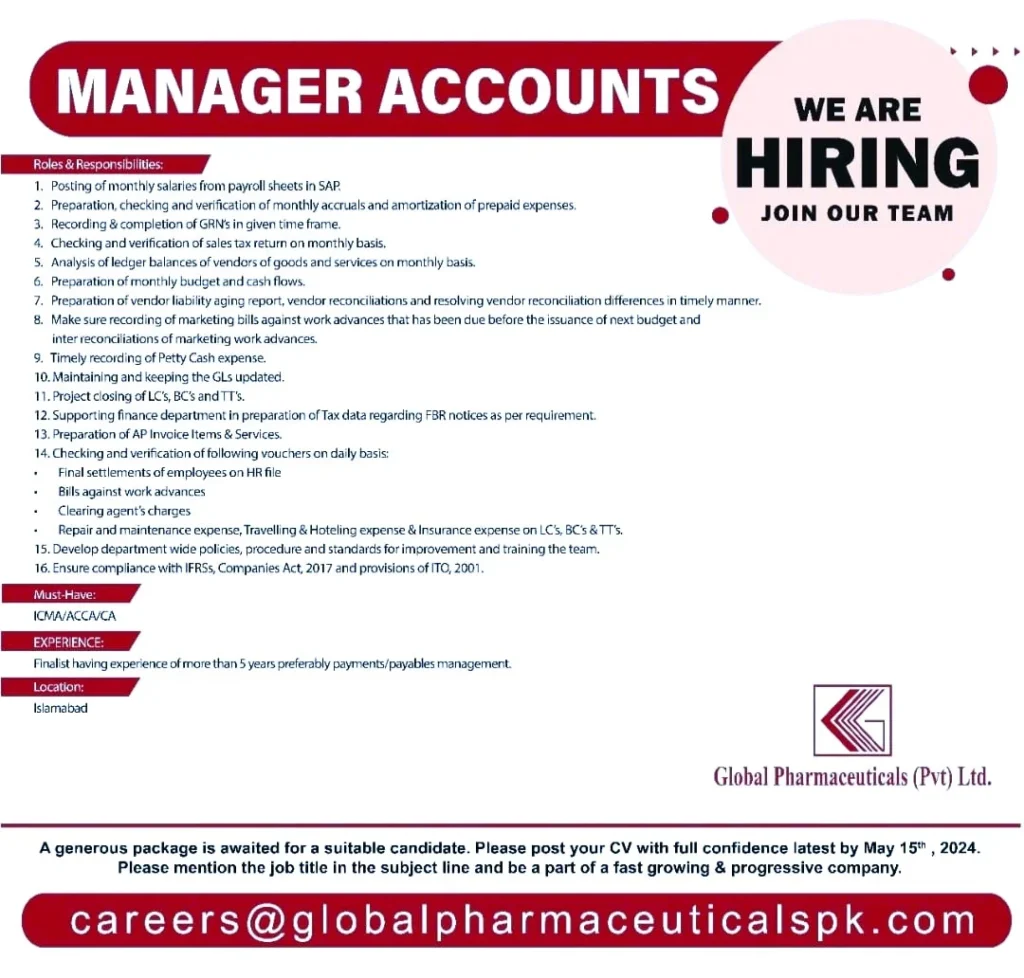 Manager Accounts Accountant Jobs in Pakistan