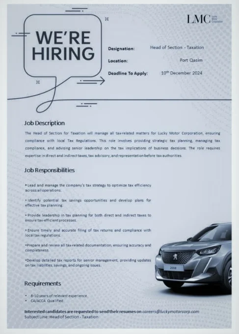 Head of Section Taxation Job in Lucky Motor Pakistan for the Month of December